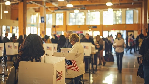 Voters fill a large hall, casting ballots in voting booths with American flags