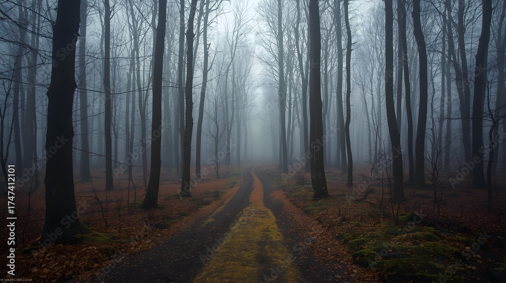 Fototapeta premium Misty autumn forest path covered with fallen leaves leading into dense fog among tall bare trees, creating a mysterious atmospheric landscape that evokes solitude, tranquility, and the beauty of natur