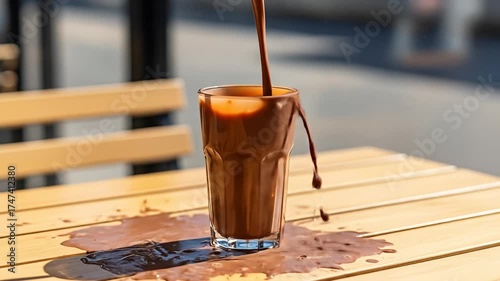 Chocolate is poured into glass, overflowing onto a wooden table in bright sunlight