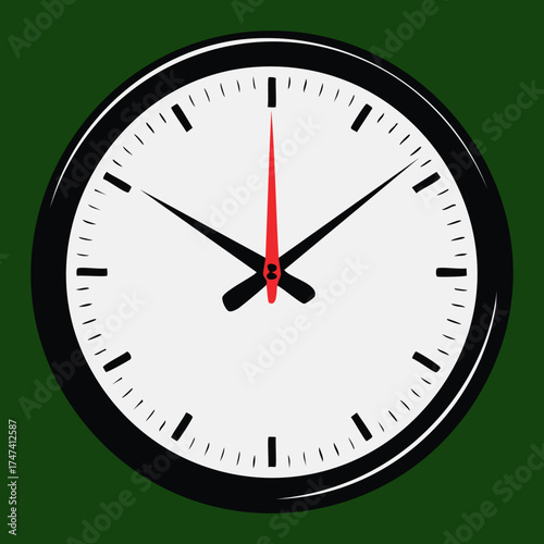 Illustration of a basic, simple round white wall clock with a thick black rim, easy-to-read numbers, and striking red second hand against a green background