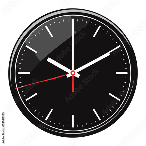 Illustration of a sleek, modern black wall clock with a shiny glass surface, silver hour markings, and crisp white minute and hour hands for time telling