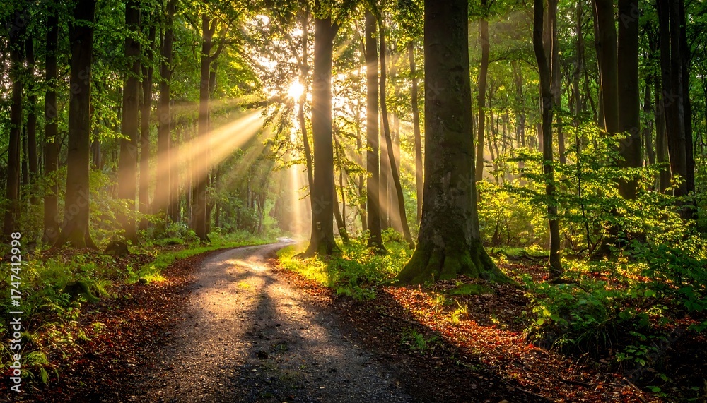 Obraz premium Sunlight streams through a misty forest path
