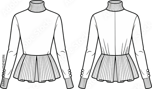 Women’s fashion illustration, long sleeve top, pleated peplum blouse, turtleneck collar, ribbed detail, princess seams, button cuffs, garment design, apparel sketch, clothing template