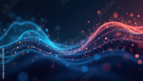 Vivid blue and orange flowing lines gracefully curve across the frame, interwoven with glittering particles, creating a sense of depth and movement.