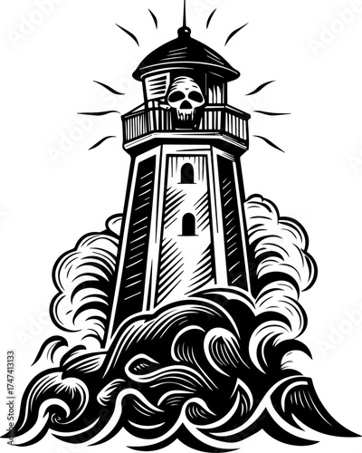 SVG skull with lantern, forgotten Halloween theme. Vintage Lighthouse with Skull and Waves in Black and White Design