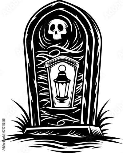 SVG skull with lantern, forgotten Halloween theme. Spooky Graveyard Scene with Lantern and Skull in Black and White