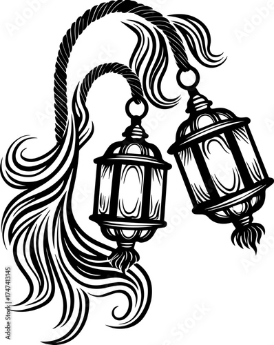 SVG skull with lantern, forgotten Halloween theme. Elegant Decorative Lanterns with Flowing Ropes and Intricate Design