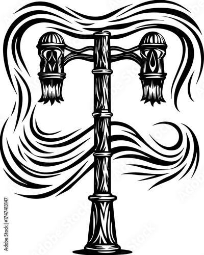 SVG skull with lantern, forgotten Halloween theme. Vintage Street Lamp Illustration with Stylized Wind Patterns