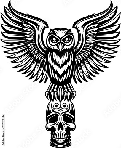 SVG skull with lantern, forgotten Halloween theme. Black and White Owl Illustration with Skull and Wings Design
