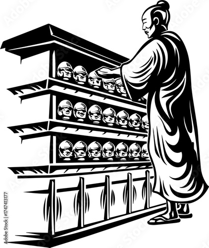SVG skull with lantern, forgotten Halloween theme. Monk Organizing Statues in Traditional Library with Shelves and Artifacts