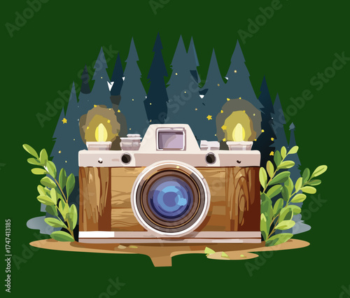 Illustration of a magical wooden camera resting in a dark, enchanted forest with glowing fireflies and moss, perfect for fantasy and mysterious nature photography