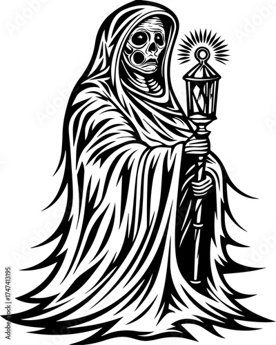 SVG skull with lantern, forgotten Halloween theme. Grim Reaper with Lantern in Intricate Black and White Design