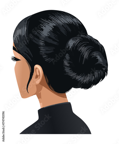 Illustration of an elegant woman viewed from the back-side, featuring a classic, shiny, and tightly secured low black bun, emphasizing simplicity and grace