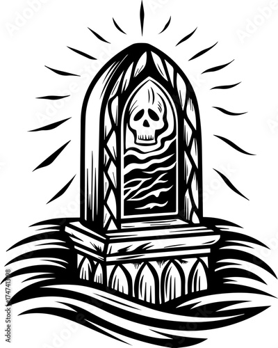 SVG skull with lantern, forgotten Halloween theme. Mysterious Tombstone Design with Skull and Waves in Black and White