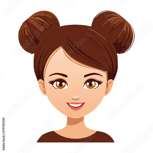 Illustration of a cute, friendly young woman facing forward with warm brown hair gathered into a single, large, voluminous low bun for a charming, everyday look