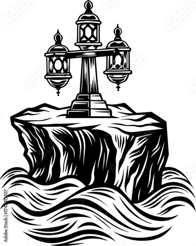 SVG skull with lantern, forgotten Halloween theme. Lanterns on a Rocky Island Surrounded by Waves in Black and White