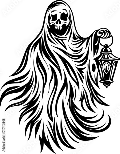 SVG skull with lantern, forgotten Halloween theme. Mysterious Ghost with Lantern in Black and White Illustration