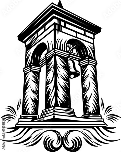 SVG skull with lantern, forgotten Halloween theme. Black and White Bell Tower Illustration with Detailed Architecture