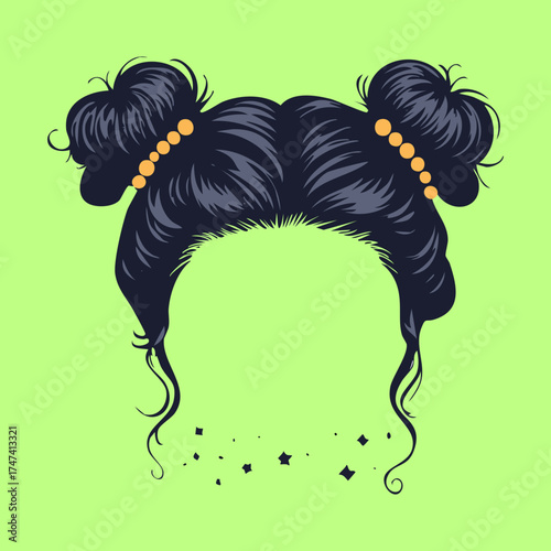  Illustration of dark, wavy black hair with subtle blue highlights styled into two loose, textured twin buns, perfect for a playful, youthful or casual appearance