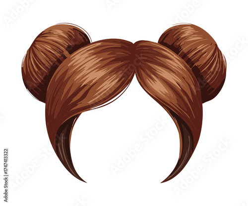 Illustration of thick, rich brown hair parted down the middle, pulled up into two large, polished, elegant buns on either side of the head, showcasing symmetry