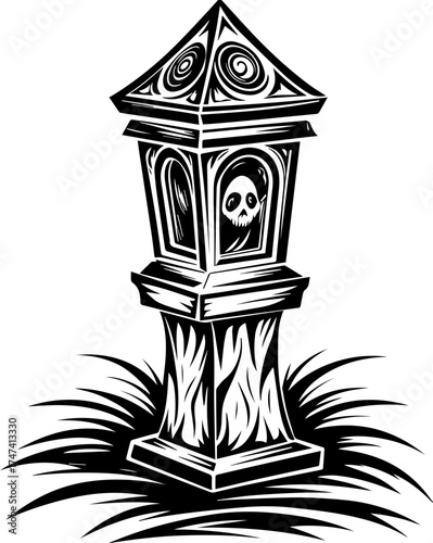 SVG skull with lantern, forgotten Halloween theme. Vintage Cemetery Tombstone with Skull and Grass Illustration