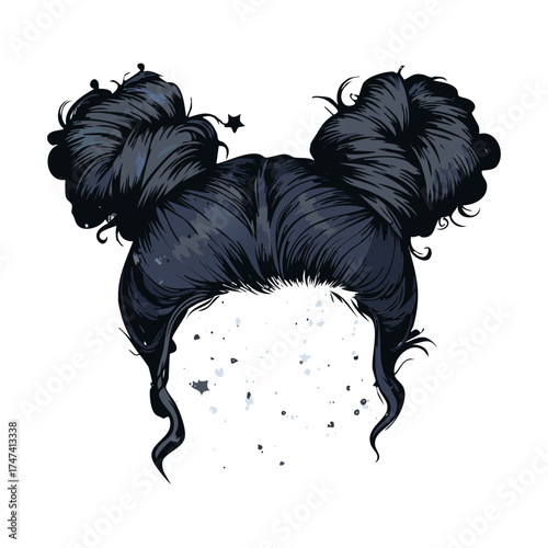 Illustration of thick, wavy black hair styled into two messy, voluminous space buns with loose, flyaway strands, perfect for a carefree or rock-and-roll aesthetic