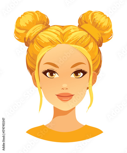 Illustration of a beautiful smiling blonde woman facing forward with stylish, high, voluminous space buns and loose side tendrils for a fun, youthful look