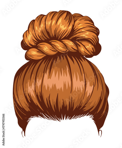 An intricate and elegant braided high bun updo Hairstyle in a natural brown color for a sophisticated look