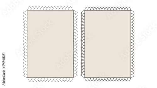 A vector set featuring two blank, pale pinkish-beige rectangular frames with unique decorative borders: one with a sharp zigzag edge and the other with a soft scalloped or looped trim