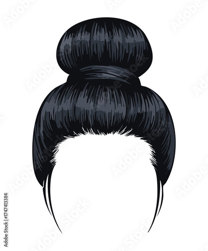 A graphic illustration of a woman's classic black top knot bun Hairstyle with a sharp and stylish fringe
