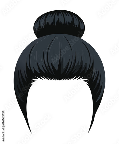 A sleek and modern high bun updo Hairstyle in a jet black color with a neat straight fringe cut