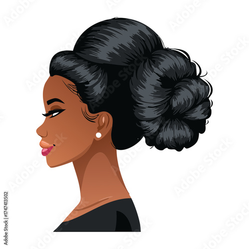Elegant side profile of a beautiful Black woman with a formal voluminous updo Hairstyle for a wedding or prom