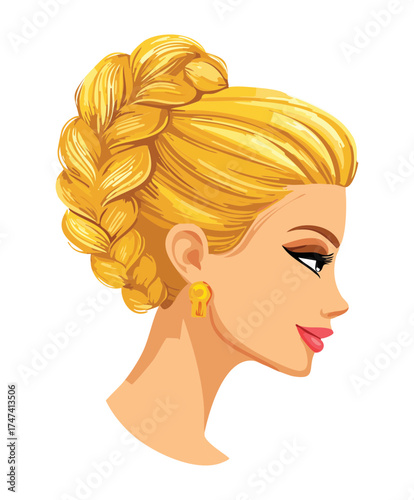 Gorgeous Blonde Woman Elegant High Bun Updo Hairstyle Side Profile Sunny Yellow Hair Look