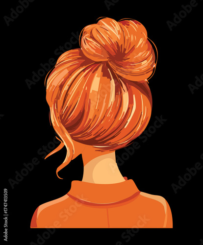 Woman Fiery Bright Orange Textured Messy Bun Updo Hairstyle Vivid Color Back View Style