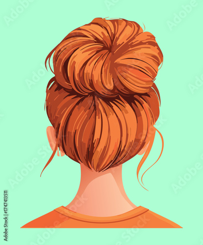Textured Red Orange Messy High Bun Updo Hairstyle Back View Natural Looking Hair Design Art