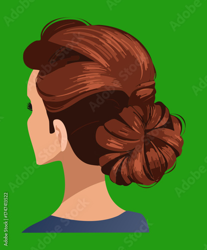 Dark Auburn Brown Hair Elegant Twisted Bun Updo Hairstyle Green Backdrop Side Profile Beauty