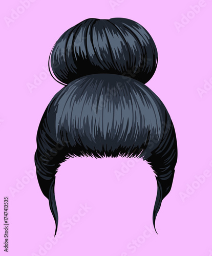 Stylish Young Woman Black Messy High Bun Hairstyle Dark Pink Backdrop Beauty Portrait View