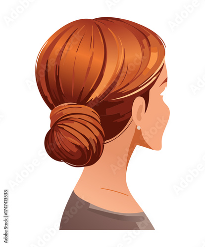 Woman with Elegant Auburn Red Messy Bun Updo Hairstyle Back View Beauty and Feminine Style