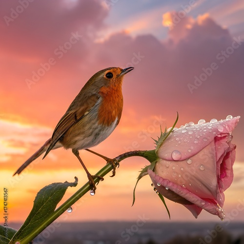A robin drinking droplets from a rose petal, glowing sunset sky behind.