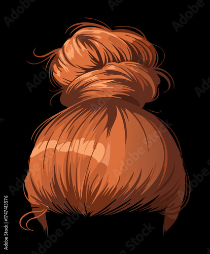 Realistic texture of a voluminous reddish-brown messy bun with highlights and loose pieces