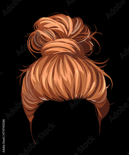 Detailed high messy bun hairstyle with various shades of brown and ginger