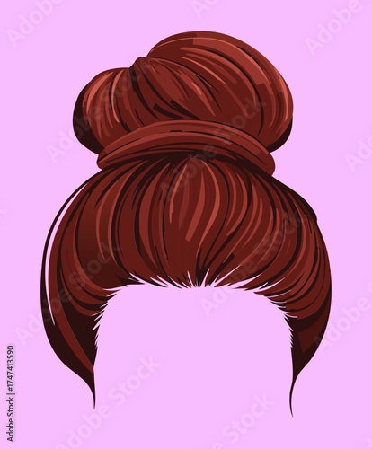 Chic messy high bun hairstyle in deep reddish-brown color with texture and volume