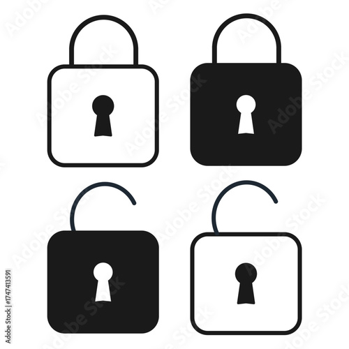 Four simple, flat-style padlock vector icons in black and white: two locked (secure) and two unlocked (open). Represents security, access, and privacy status