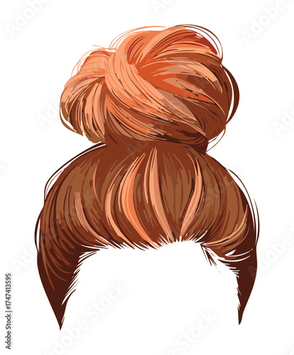 Messy ginger-brown high bun hairstyle with loose strands and realistic