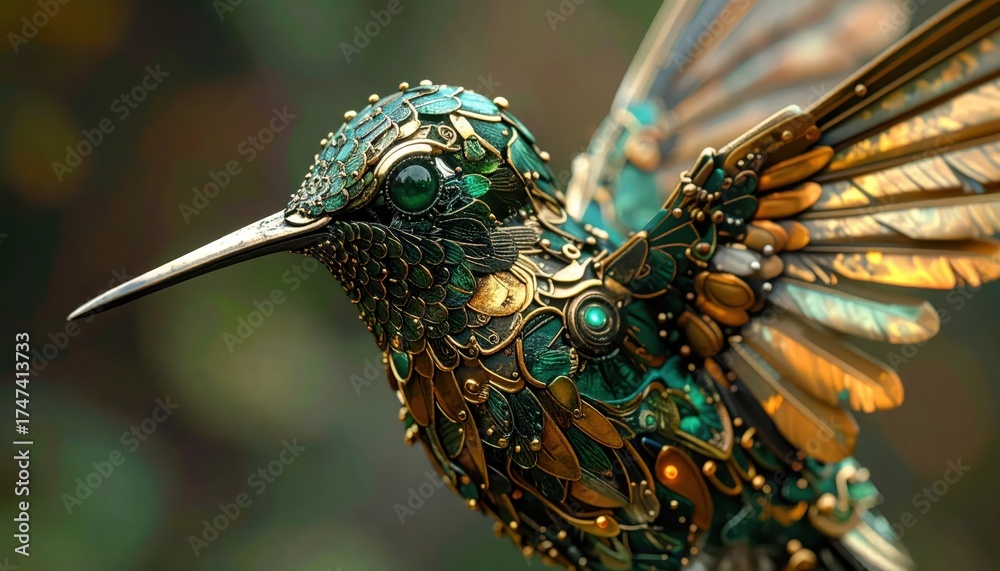 Obraz premium Intricate and ornamental bird illustration showcases detailed metalwork, featuring a hummingbird adorned with golden and emerald accents, its beak pointing forward against a blurry natural...