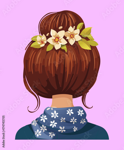 Illustration of a woman's reddish-brown hair styled in a high, sleek bun with a delicate white floral wreath and leaves