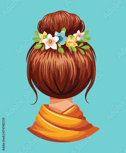 Illustration of a woman's reddish-brown hair styled in an elegant high bun adorned with small white flowers, on a blue background