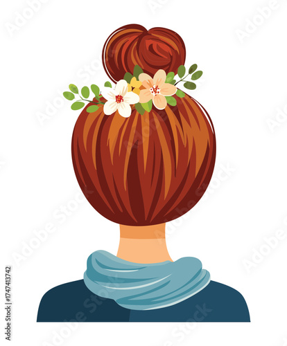 Illustration of a woman's reddish-brown hair styled in a high, messy bun, perfect for a casual, effortless everyday look