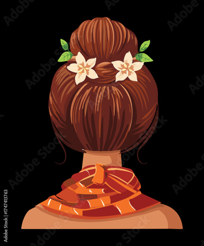 Illustration of a woman's dark brown hair styled in a high, sleek bun adorned with a delicate white and red floral wreath headband