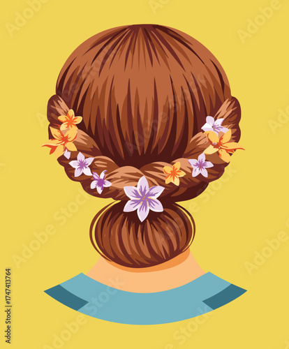 Illustration of a woman's reddish-brown hair styled in a loose, intricate braided bun adorned with delicate flowers and twigs